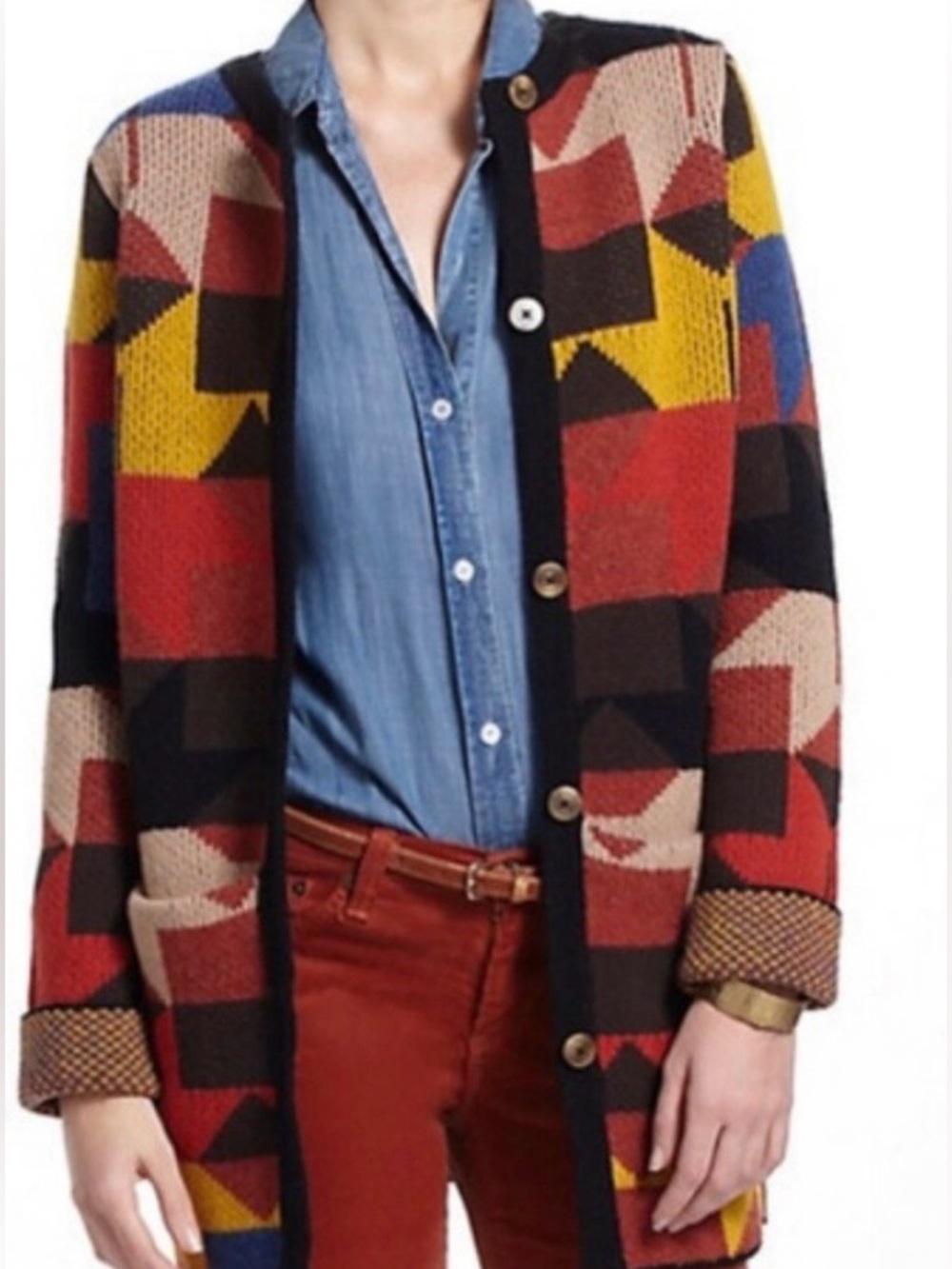 sparrow Geometric Multi-Color Open-Front Cardigan